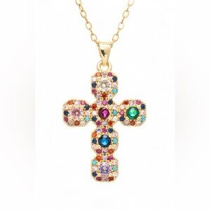 Gold Multicolor Rhinestone Cross Necklace | 14K Gold Plated Statement Pendant